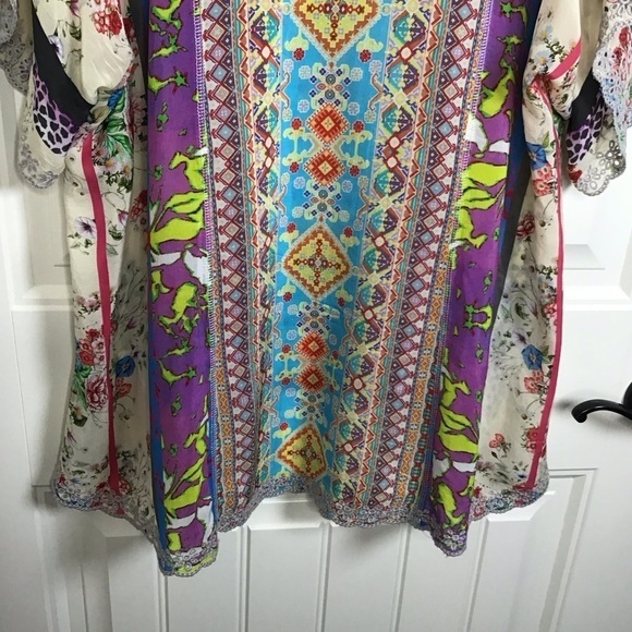 Johnny Was Floral Mixed Medai Split Neck Scallop Hem Georgette Blouse Size Small - Picture 5 of 11